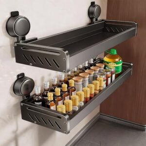 GHYFFF Suporte de especiarias montado na parede com 2 unidades, ventosa organizadora de especiarias para armário, prateleira de especiarias de metal de grande capacidade para armário de cozinha