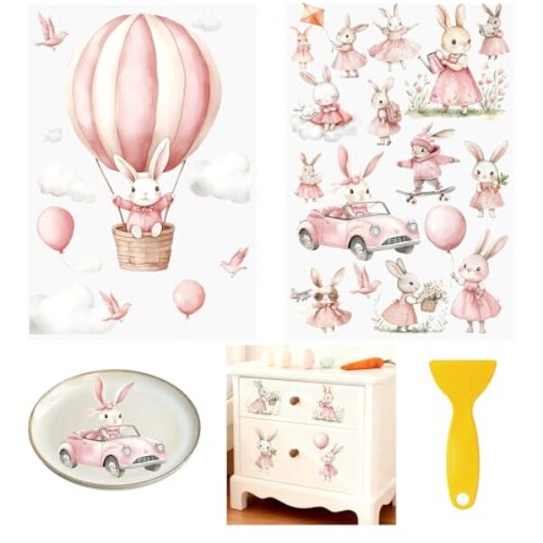 HICOHAND Transferências de coelho para esfregar, 2 peças de coelhos à prova d'água e balão de ar quente UV DTF adesivos decalques para móveis artesanato DIY porta de Páscoa em casa