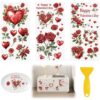 HICOHAND Transferências de Dia dos Namorados para móveis e artesanato, 3 peças de adesivos de transferência de flores vintage vermelhas à prova d'água para estante de livros, guarda-roupa, porta de