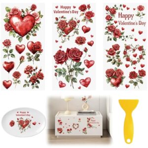 HICOHAND Transferências de Dia dos Namorados para móveis e artesanato, 3 peças de adesivos de transferência de flores vintage vermelhas à prova d'água para estante de livros, guarda-roupa, porta de