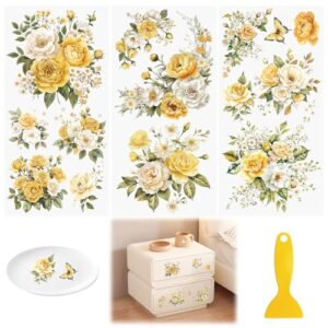 HICOHAND Transferências de flores para móveis e artesanato, 3 peças de adesivos de transferência de flores rosas amarelas à prova d'água para estante de livros, guarda-roupa, porta de casa DIY