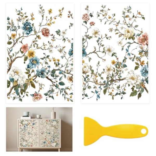 HICOHAND Transferências florais para móveis e artesanato, 2 peças de adesivos florais dourados azuis à prova d'água para estante de livros, guarda-roupa, faça você mesmo, porta de casa