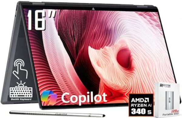 HP OmniBook X Flip 2 em 1 Copilot+ AI PC Laptop, tela sensível ao toque 2K de 16 polegadas, AMD 6-Core Ryzen AI 5 340(>Intel i5-13420H), 16GB LPDDR5X, SSD de 512GB, Webcam IR de 5MP, KB retroiluminada