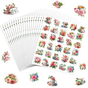 Humyoun 300 adesivos de xícara de chá rosa rústicos mini adesivos de xícara de chá lembrancinhas de festa estéticas à prova d'água pacote de decalques de vinil para garrafas de água, scrapbook
