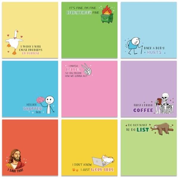 INCOK Notas adesivas engraçadas para o trabalho - 9 peças de blocos de notas autoadesivos sarcásticos, blocos de notas novidades, materiais de escritório escolares divertidos para colega de trabalho