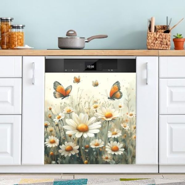 KEEPREAL Aquarela Prado Margaridas Lava-louças Capa Magnética Capa Frontal de Lava-Louça, Decalques de Armário Doméstico Adesivos Eletrodomésticos - 58,4 cm C x 66 cm A (94)