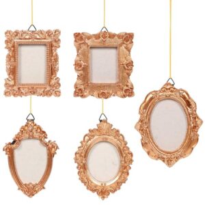 KHZSPP 5 porta-retratos vintage com corda, enfeite de parede vintage de resina dourada para pendurar na parede para exibição de fotos, árvore de Natal, decoração de casamento em casa