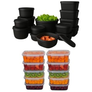 Kit 25 Potes com Tampa plásticos herméticos travas laterais grandes fechamento formato retangular empilhável fácil organização de mantimentos uso em freezer e micro-ondas limpeza prática (Preto)