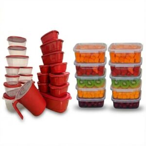 Kit 31 Potes com Tampa plásticos herméticos travas laterais vedação segura retangulares empilháveis fácil de usar e limpar ideais para marmitas e porções freezer e micro-ondas (Vermelho)
