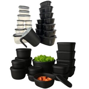 Kit 36 Potes Plástico Herméticos conjunto com tampas pote com vedação segura fácil de limpar organiza a cozinha compatível com freezer geladeira micro-ondas e lava-louças (Preto)