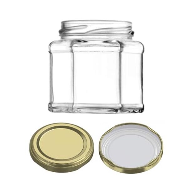 Kit 3 unidades - Pote de vidro Sextavado Reto - 150 ml - Tampas Douradas