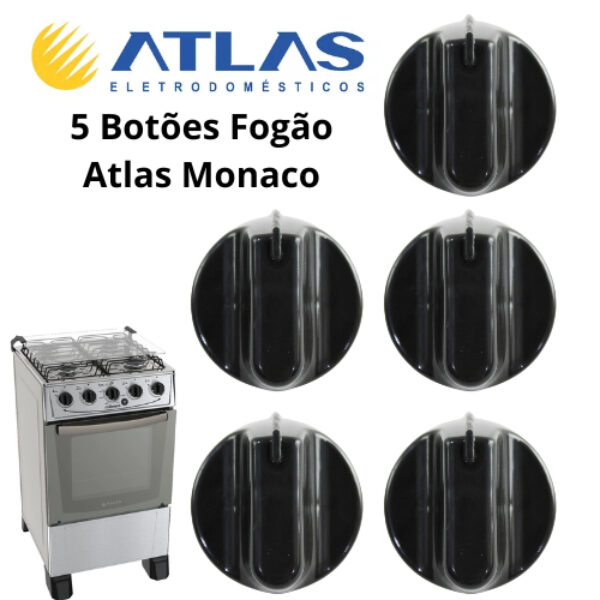 Kit 5 Botões De Fogão Manipulos Fogão Atlas Monaco Tropical 4 Bocas