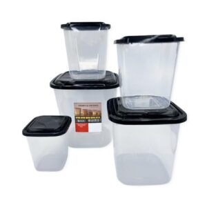 Kit 5 Potes Porta Mantimentos com Tampa Preta, Conjunto de Containers para Alimentos, 6.6L, 3.5L, 1.9L, 900ml, 5 Peças