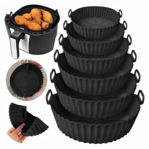 Kit Com 6 Formas De Silicone Para Air Fryer Reutilizável Cesta Redonda Fritadeira Eletrica Universal Para Todos Os Modelos Antiaderente Com Alça Para Forno E Microondas