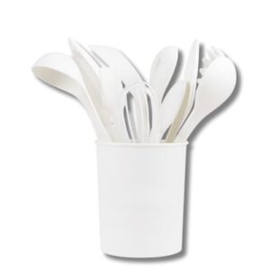 Kit Cozinha Utensílios de 12 peças de Silicone com Cabo de Madeira e Copo Suporte | Antiaderente e Resistente ao Calor (Branco)