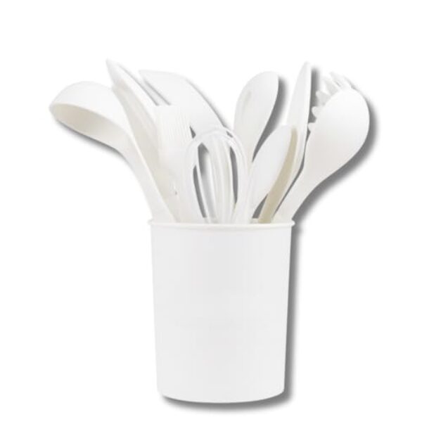 Kit Cozinha Utensílios de 12 peças de Silicone com Cabo de Madeira e Copo Suporte | Antiaderente e Resistente ao Calor (Branco)