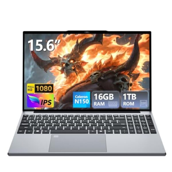 Laptop 2025, laptop com Celeron N150, topo de colo com SSD DDR4 de 16 GB de 1 TB, IPS de 15,6 polegadas 1080P, impressão digital com teclado retroiluminado, Win 11 Pro, laptops portáteis para