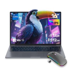 Laptops para jogos ZOLWAYTAC, processador Core i3 2 núcleos 4 threads (até 3,2 GHz), tela IPS FHD de 16 polegadas 1920 x 1200, 12 GB DDR4 512 GB SSD, corpo de alumínio, WiFi/BT, cinza