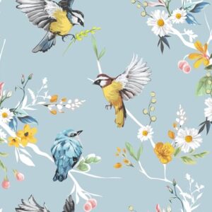 Livelynine 17,5 x 276 papel de parede floral de pássaro azul claro ouro branco flor voando pássaro do paraíso papel de parede pré-colado para banheiro crianças cozinha papel de contato autoadesivo