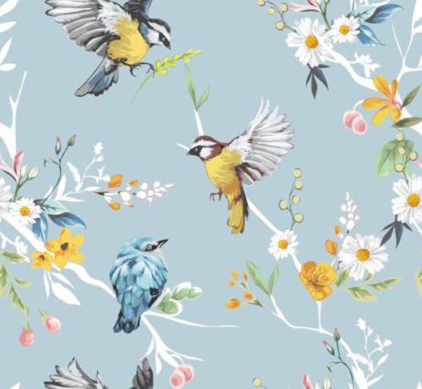 Livelynine 17,5 x 276 papel de parede floral de pássaro azul claro ouro branco flor voando pássaro do paraíso papel de parede pré-colado para banheiro crianças cozinha papel de contato autoadesivo