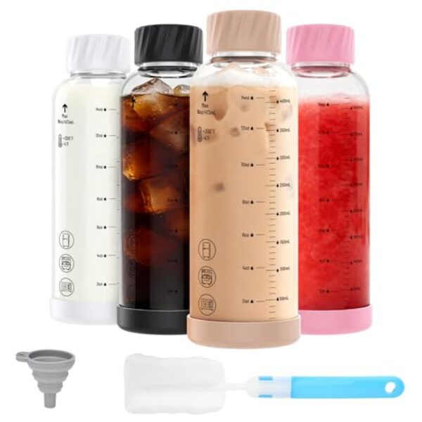 Luxfuel Garrafas de vidro de 473 ml com tampas, pacote com 4 garrafas de vidro borossilicato resistentes ao calor com tampa de aço inoxidável e base de silicone antiderrapante para sucos
