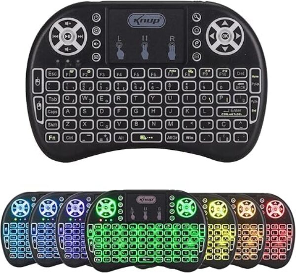 Mini Teclado Bluetooth Sem Fio com Touch Pad, Iluminação LED RGB, Compatível com PC, Notebook, Celular, Smart TV, Xbox, PlayStation, Preto