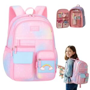 Mochila Escolar Infantil Feminina com Compartimentos, Abertura Geladeira, Estampa Arco-Íris, Rosa e Lilás, para Ensino Fundamental (Rosa)