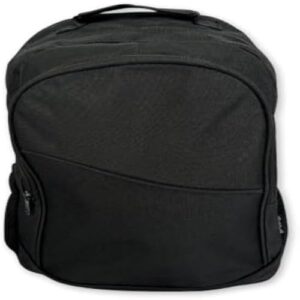 Mochila preta, confortavel e espacosa para uso diario, com ziperes, impermeavel.