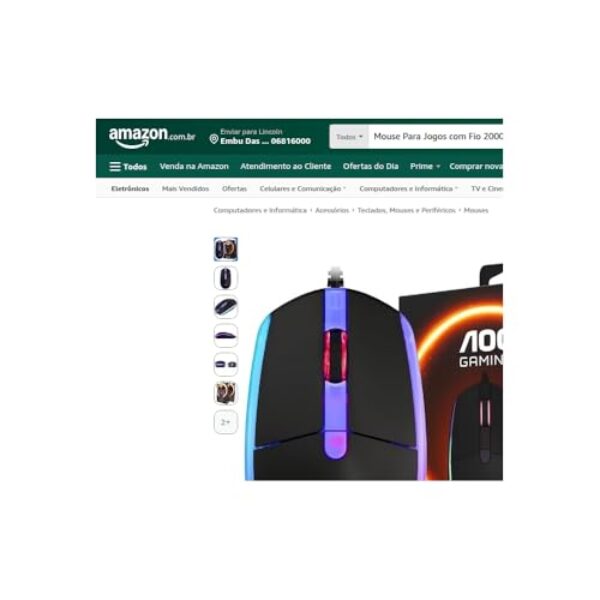 Mouse Gamer com Fio 2000 DPI, 6 Botões Programáveis, LED RGB 7 Cores, Preto, Sensor Óptico, USB, 10x3x5.5cm