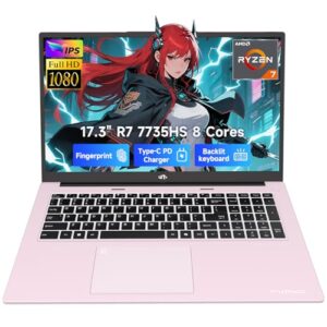 NIMO 17.3" Gaming-Laptop, Ryzen 7 7735HS (8C/16T, Beats i7-12650H) 16GB DDR5 RAM 512GB SSD Computer with Radeon 680M, 100W Type-C Charger, Wi-Fi 6E, 58Wh Battery, Fingerprint, Backlit Keyboard