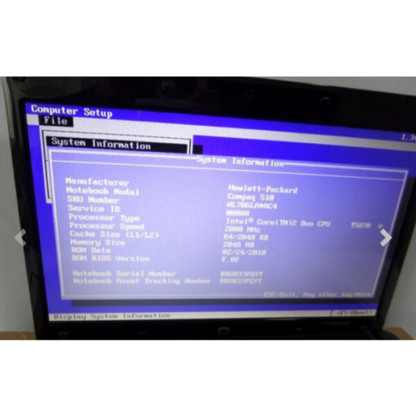 Notebook Compaq 510 - Core 2 Duo T5870 - Memoria Ram: 2GB - HD: 250GB - Com Carregador