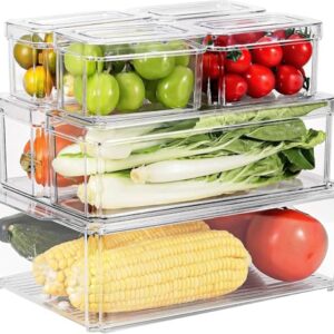 Organizador de Geladeira Pote de Alimentos, Kit 7 Potes Herméticos, Organizador de Geladeira com Escorredor Interno, Caixas Empilháveis com Tampa para Armazenamento no Frigorífico