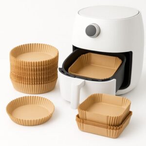 Papel Manteiga Descartável para Air Fryer – Forro Biodegradável Antiaderente Redondo e Quadrado 16 e 20 cm para Fritadeira, Forno e Micro-ondas (20CM - Redonda)