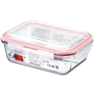 Pote de Vidro Retangular com Tampa Hermética, 1040ml, Borosilicato, 22x17x8cm, 4 Travas, Vedação Silicone, Transparente