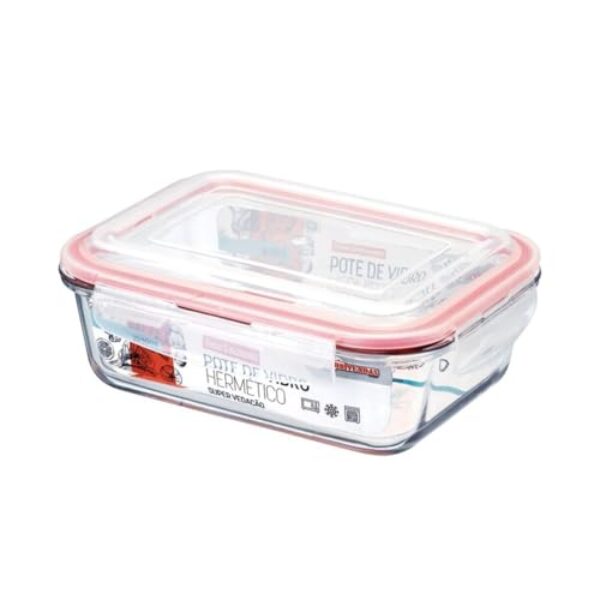 Pote de Vidro Retangular com Tampa Hermética, Borosilicato, 1040ml, 22x17x8cm, 4 Travas, Vedação de Silicone, Transparente, para Forno e Microondas