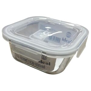 Pote Hermético de Vidro Quadrado, 800ml, com Tampa e Vedação em Silicone, 16x7cm, para Freezer e Micro-ondas