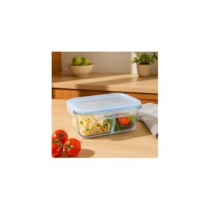Pote Retangular Hermético com Divisória, Vidro Borossilicato, 1520ml, Transparente com Tampa Azul, 22x17x8cm, Livre de BPA