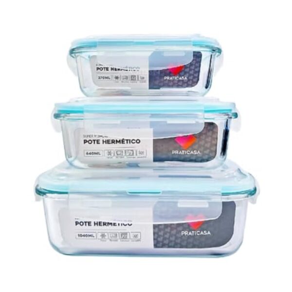 Potes Herméticos de Vidro 370ml, 640ml e 1040ml | Vedação Antivazamento, Tampa 4 Travas | Para Marmitas, Freezer, Forno e Micro-ondas | Kit 3 unidades