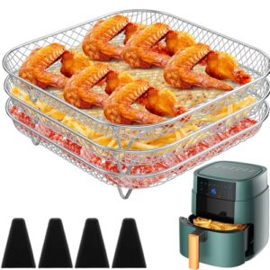 Prateleiras de fritadeira a ar com 3 camadas de 20 cm com 4 pés de silicone, bandeja retangular empilhável para fritadeira a ar, prateleiras de desidratador de aço inoxidável para 5,273 g-7,654 g e
