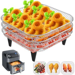 Prateleiras quadradas para fritadeira a ar de 20 cm, prateleiras empilháveis de 3 camadas, acessórios de fritadeira a ar bacon de aço inoxidável 304 para ninja, forno, cesto de gaveta dupla