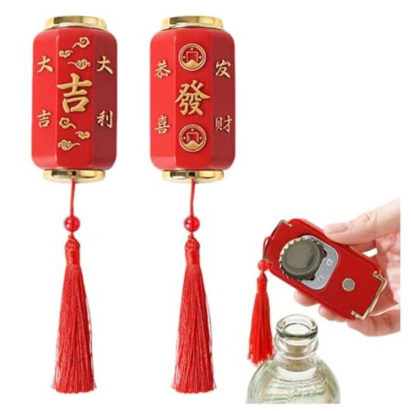 QZAVIRE Pacote com 2 ímãs de geladeira de lanterna vermelha chinesa e abridor de garrafas – Símbolo da sorte chinês, presente de ano novo chinês, lembrança decorativa de metal para cozinha, bar