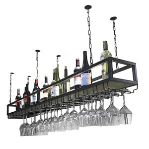 Rack de vinho suspenso, suporte de copo de vinho de teto de metal, com prateleira de armazenamento de taças de vidro Hampagne, prateleira de vinho de altura ajustável, suporte de garrafa de vinho