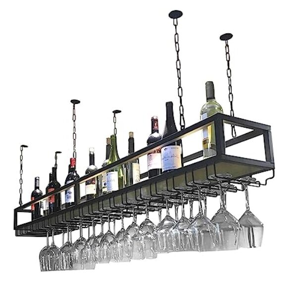 Rack de vinho suspenso, suporte de copo de vinho de teto de metal, com prateleira de armazenamento de taças de vidro Hampagne, prateleira de vinho de altura ajustável, suporte de garrafa de vinho