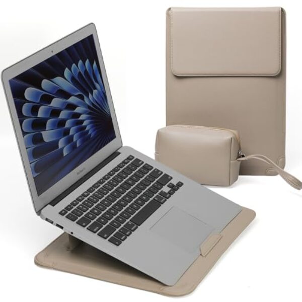 RoYiio Capa para laptop de 15 a 16 polegadas com suporte capa fina de couro PU para MacBook Air de 15 polegadas M4/M3/M2, MacBook Pro de 16 polegadas M4/M3/M2/M1 Pro/Max, 38.1 cm-39.6 cm-40.6 cm (bege