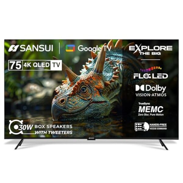 SANSUI 190 cm (75 polegadas) 4K HDR Smart Google | HDR10+, HSR 120 Hz com Dolby Vision, Dolby Atmos e caixa de som 30W QLED TV JSW75UG23QF (Midnight Black)