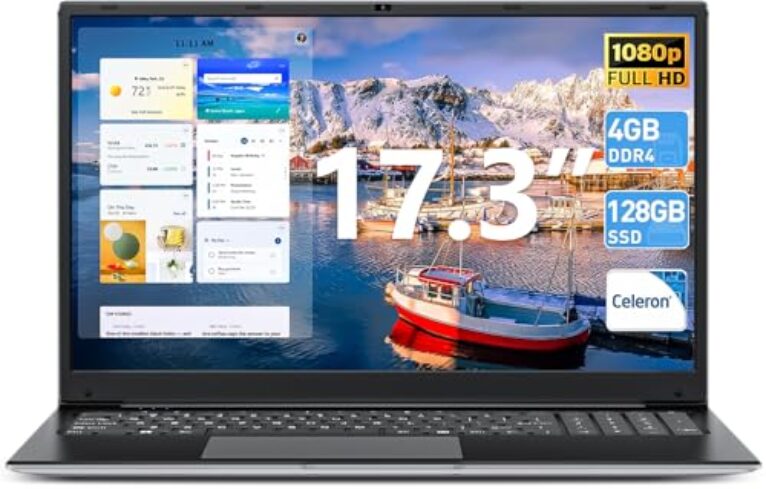 SGIN Laptop de 17,3 polegadas, laptops Windows 11 com processador Celeron I3, SSD portátil comum de 4 GB DDR3 de 128 GB, tela IPS FHD, HDMI, WiFi 5G, BT4.2, Type-C, para estudantes e negócios (preto)