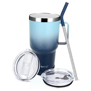 Sursip Copo de aço inoxidável de 850 g, caneca de água de cerâmica com isolamento a vácuo de parede dupla com alça/tampa/canudo, bebidas frias e quentes, copo de viagem/carro / copos de escritório/escolha de presente (ondas)