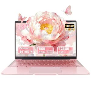 Svikou Laptop em ouro rosa de 14 polegadas, processador quad-core J4105, tela FHD IPS, 6 GB de RAM, SSD de 128 GB, PC Win 11 Pro, notebook ultraleve para viagens, aulas online, trabalho e estudo