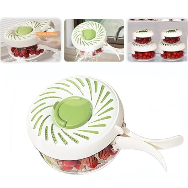 Tigela de lavar frutas 3 em 1 com tampa e alça de filtro, cesta de drenagem multiuso de 1 litro, lavadora de frutas, recipiente de armazenamento para geladeira (verde)