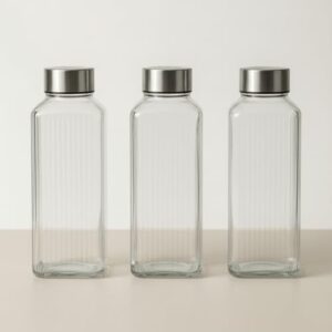 Trio De Garrafas De Vidro Transparente Para Armazenar E Servir Água Suco Detox Com Vedação Superior Cozinha Elegante (Listrada)